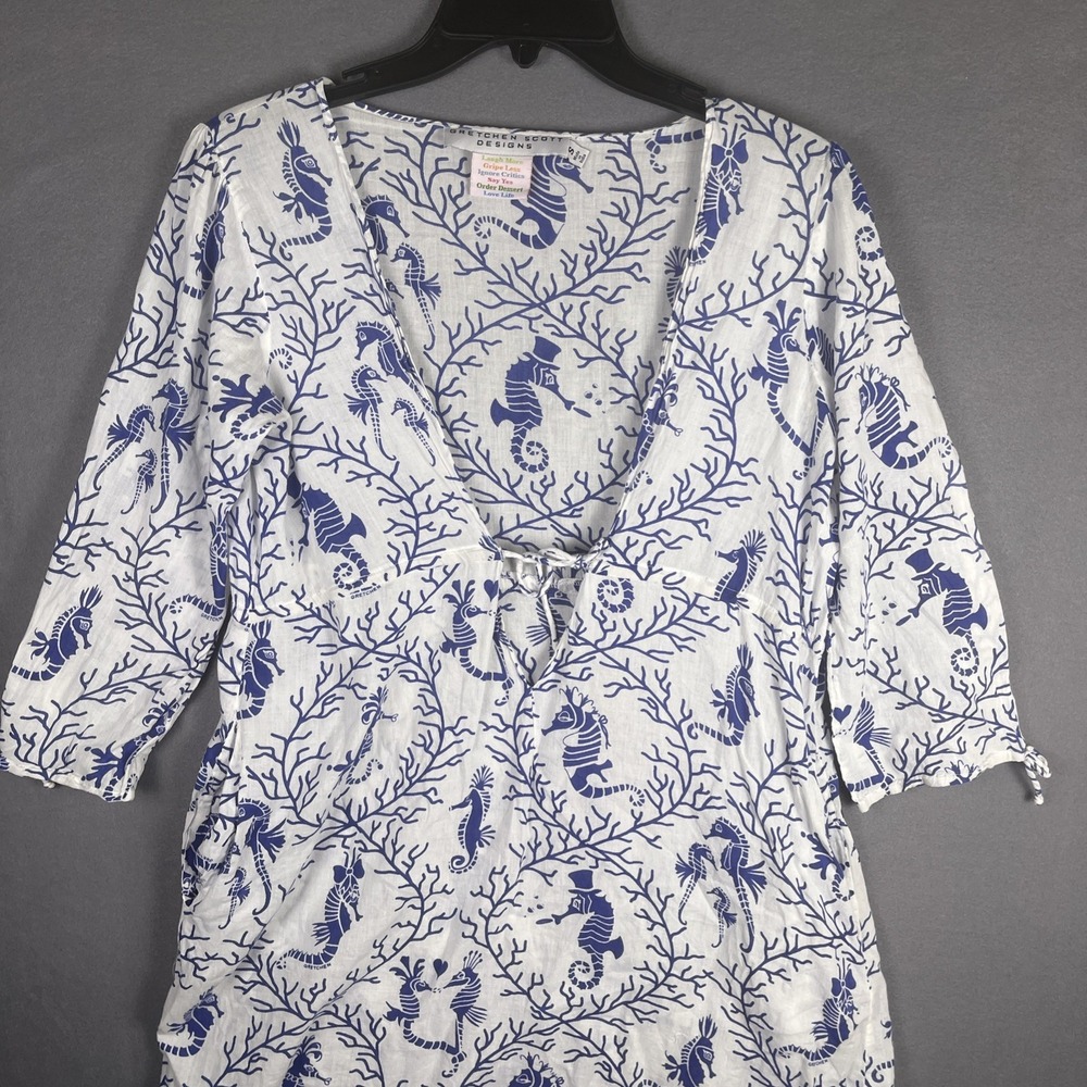 Gretchen Scott Blouse Coastal Beach Coverup Seahorses Blue Comfy Women's S - Picture 1 of 6